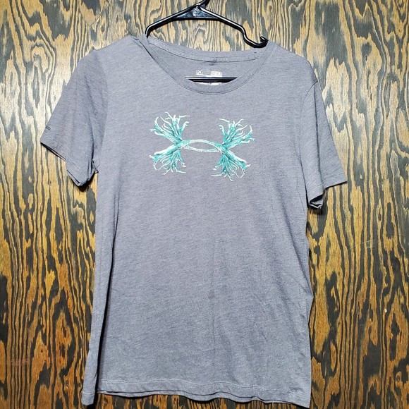 UNDER ARMOUR Heat Gear Grey Green Antler Logo T-Shirt Size M - Picture 1 of 5